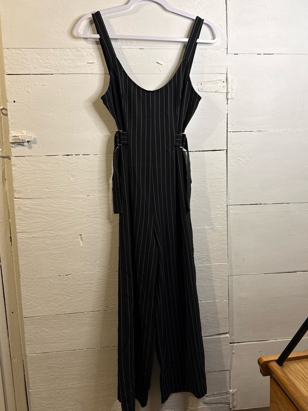 silence + noise Black Pinstripe Scoop Neck Wide-Leg Jumpsuit with Side Buckles